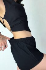 Rosa Keten Bağcıklı Şort - Kadın Düşük bel kısa keten şort - Görsel 4