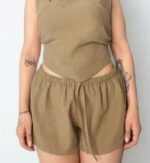 Rosa Keten Bağcıklı Şort - Kadın Düşük bel kısa keten şort - Görsel 3