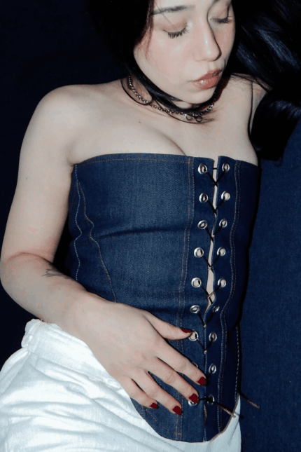Obsidia Denim Korse bağcıklı kadın denim korse top