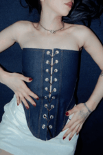 Obsidian Corset - %100 Pamuk Denim Bağcıklı Straplez Korse Büstiyer - Görsel 2