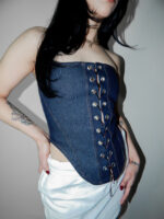 Obsidian Corset - %100 Pamuk Denim Bağcıklı Straplez Korse Büstiyer - Görsel 4